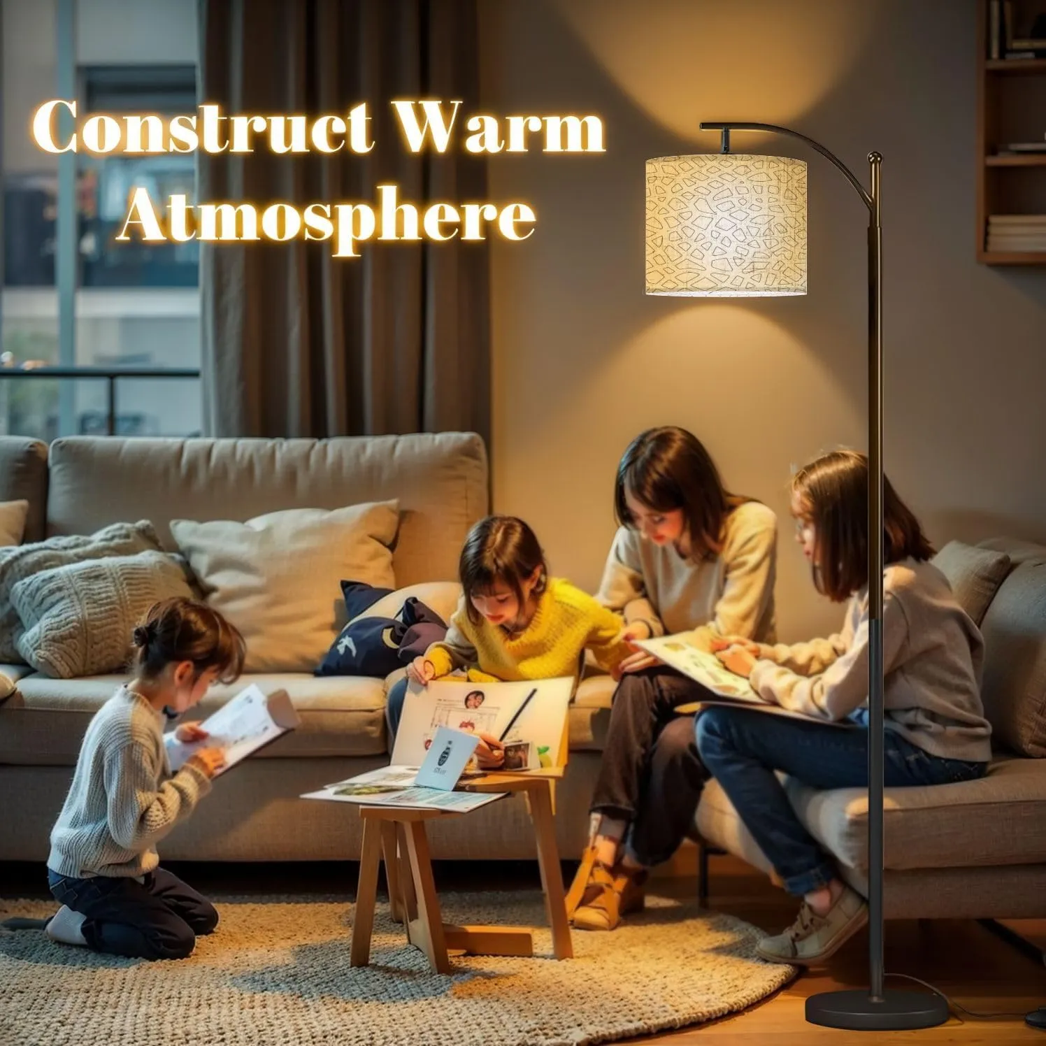 Arc Floor Lamps Outline Flat Seamless Geometric Ornament Pattern Modern LED Adjustable Lampshade Standing Light for Living Room Reading Bedroom Office