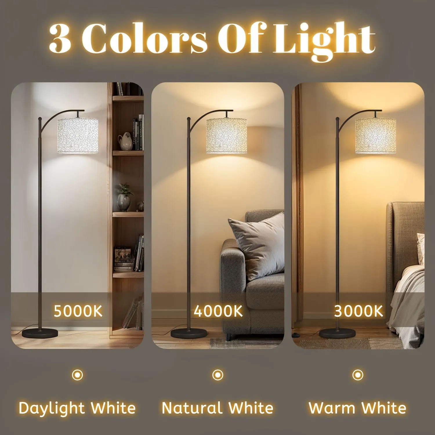 Arc Floor Lamps Outline Flat Seamless Geometric Ornament Pattern Modern LED Adjustable Lampshade Standing Light for Living Room Reading Bedroom Office