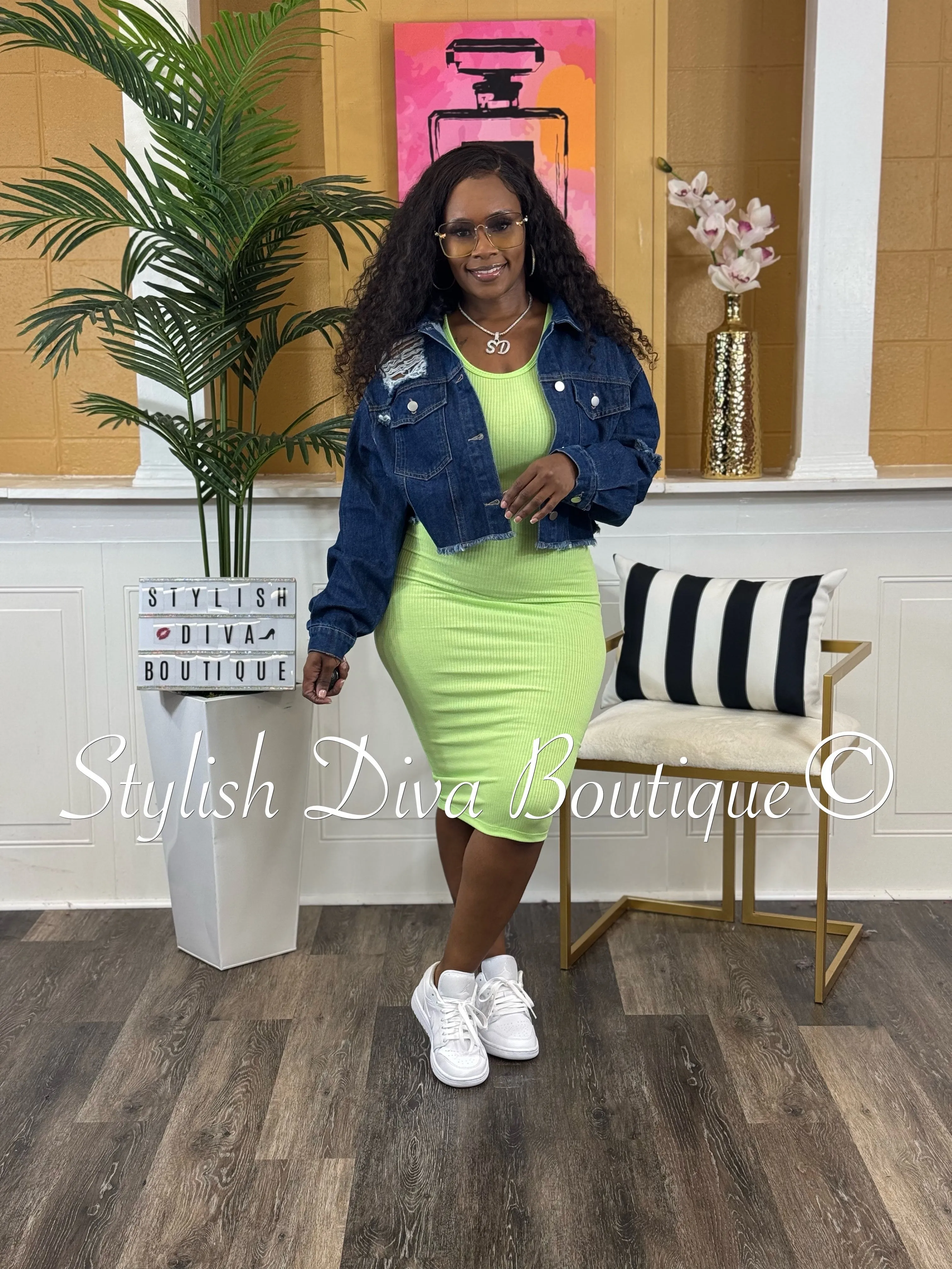 Avi Ribbed Midi Dress (Lime)