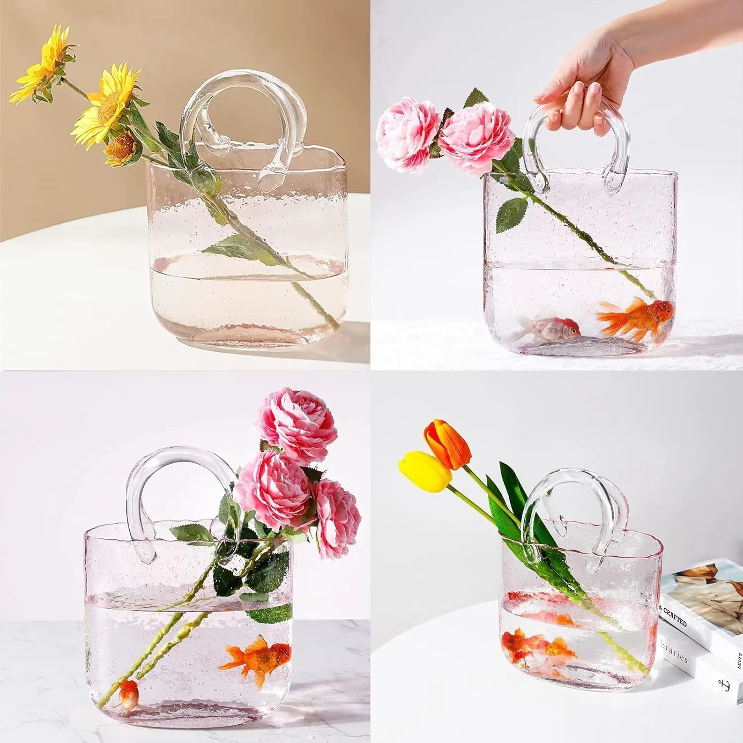 Bag Vase for Flowers, Glass Vases with Air Bubbles Handbag Glass Vase Glass Tote Bag Vase, for Home Décor,Enterpiece,Events,Office,Garden,Wedding,Style1-Green