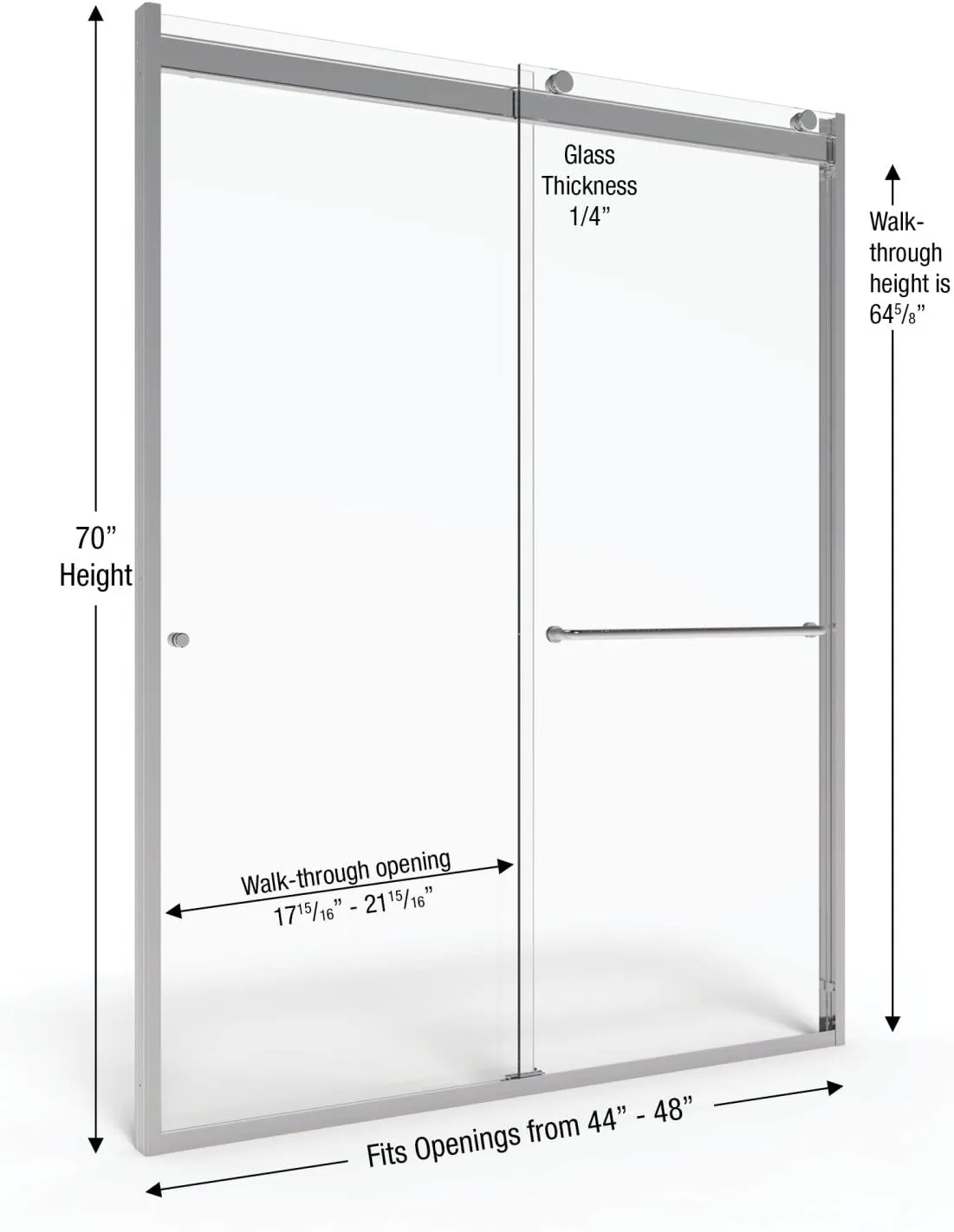 Basco Sliding Shower Door, Rotolo RTLA05B4870CLSV, Chrome, 44-48 in. wide x 70 in. high, 1/4 in. Clear Tempered Glass