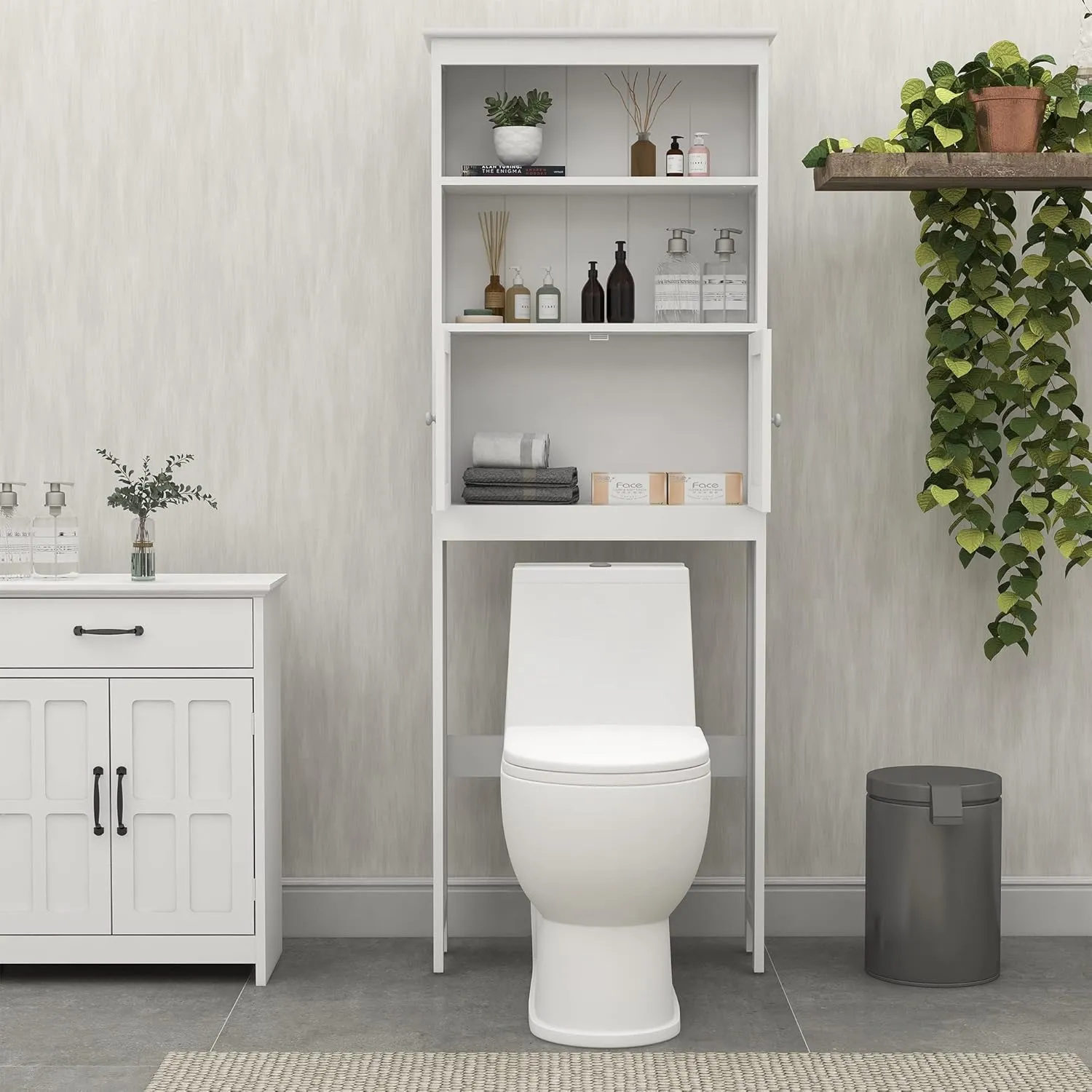 Bathroom Shelves Over The Toilet Storage Cabinet with 2 Doors Wood Over Toilet Bathroom Organizer Freestanding Above Toilet Rack, White