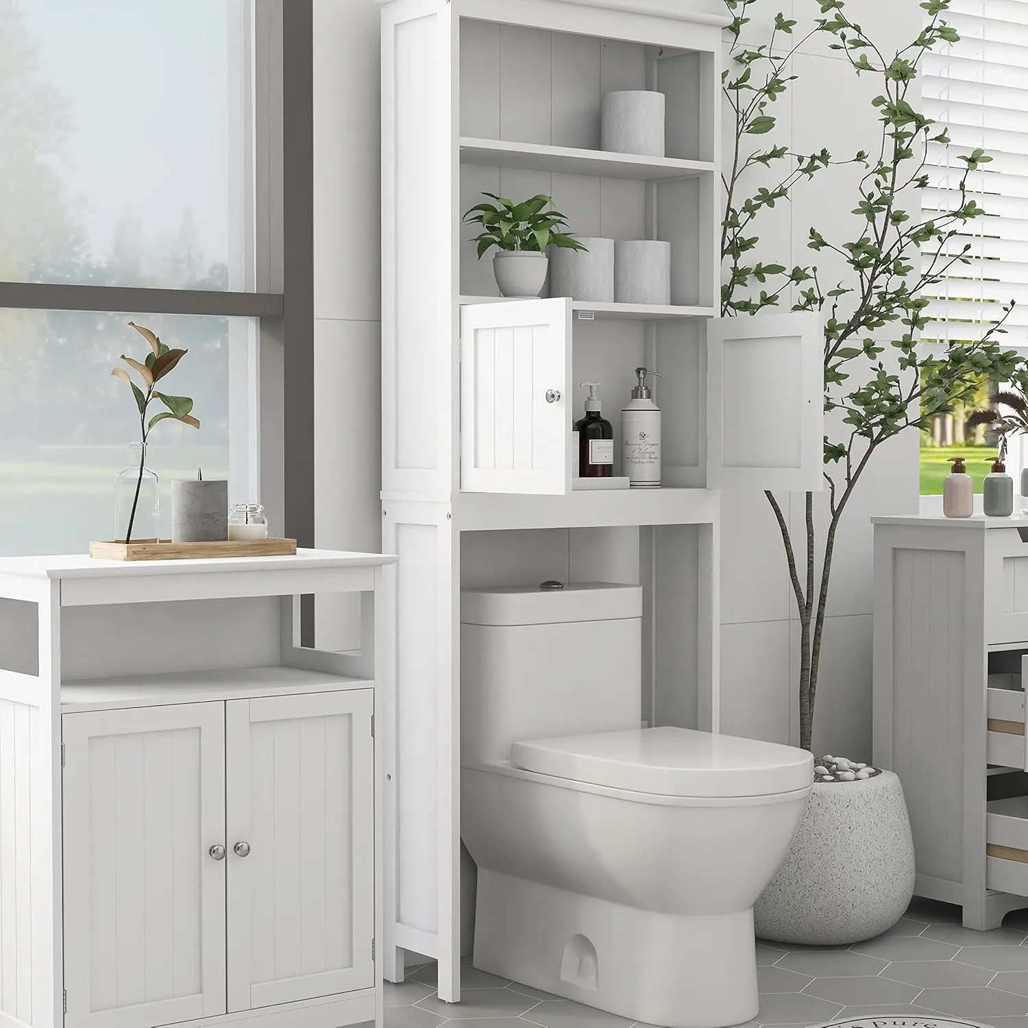 Bathroom Shelves Over The Toilet Storage Cabinet with 2 Doors Wood Over Toilet Bathroom Organizer Freestanding Above Toilet Rack, White