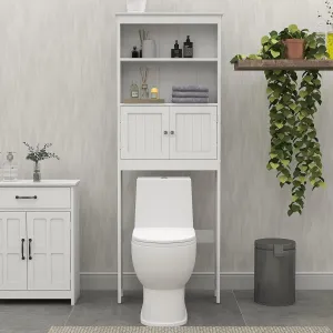 Bathroom Shelves Over The Toilet Storage Cabinet with 2 Doors Wood Over Toilet Bathroom Organizer Freestanding Above Toilet Rack, White
