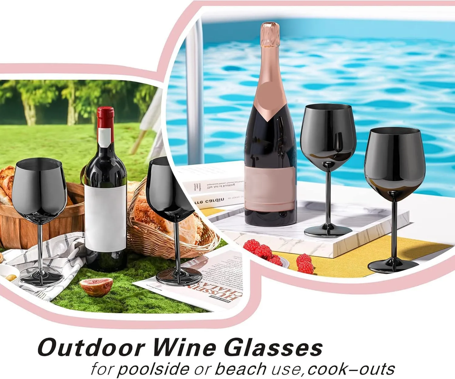 Black Wine Glasses Set of 4, 18oz Stainless Steel Wine Glasses, Unbreakable & Portable Stemmed Metal Wine Glass for Outdoor, Travel, Camping and Pool, Ideal Gift for Wine Lovers (Black)