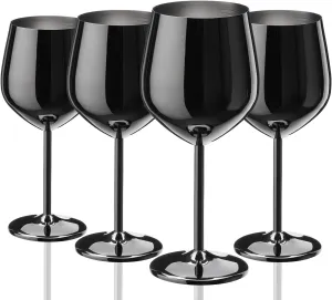 Black Wine Glasses Set of 4, 18oz Stainless Steel Wine Glasses, Unbreakable & Portable Stemmed Metal Wine Glass for Outdoor, Travel, Camping and Pool, Ideal Gift for Wine Lovers (Black)