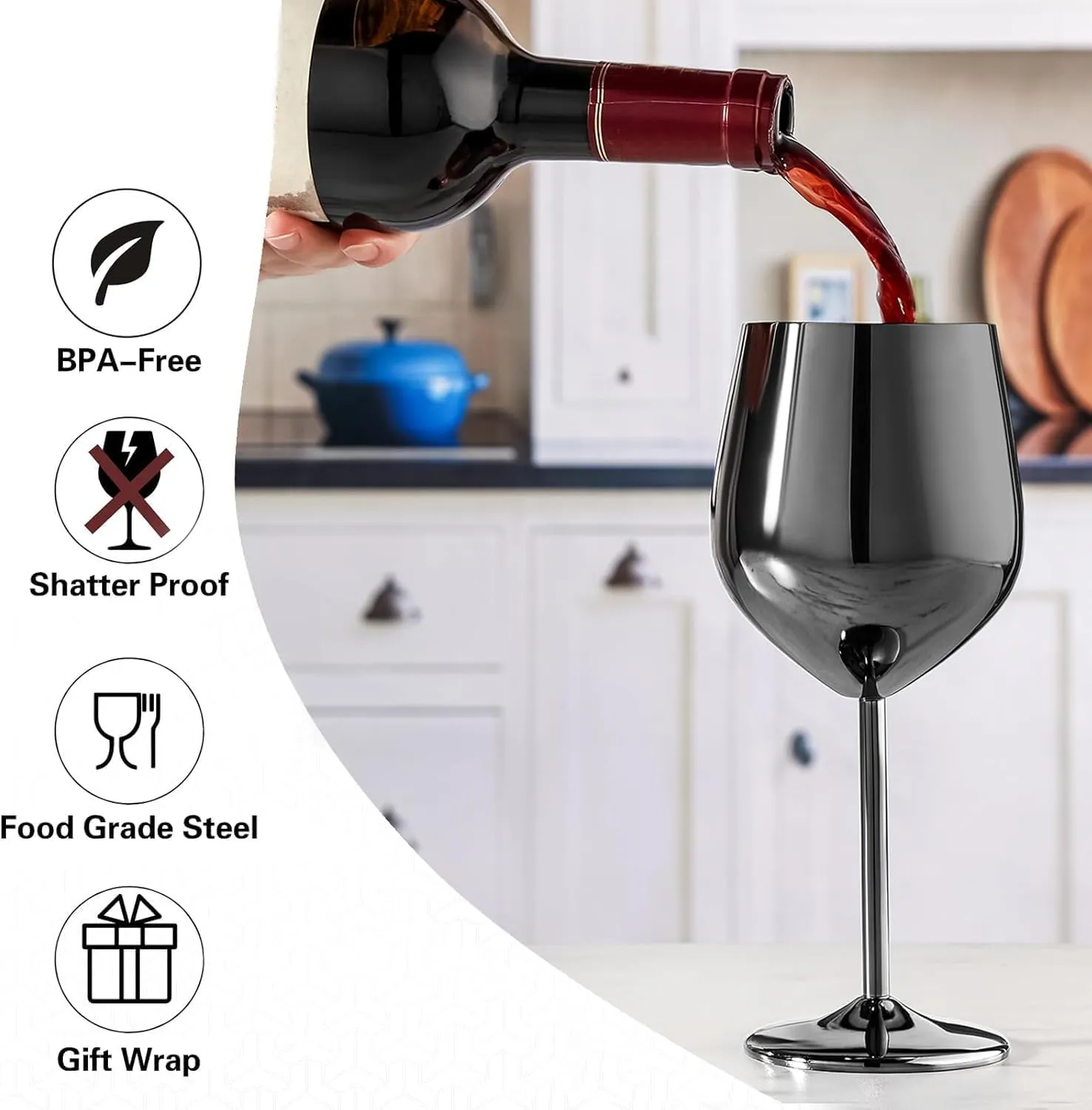 Black Wine Glasses Set of 4, 18oz Stainless Steel Wine Glasses, Unbreakable & Portable Stemmed Metal Wine Glass for Outdoor, Travel, Camping and Pool, Ideal Gift for Wine Lovers (Black)