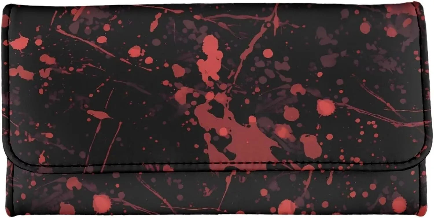 Bloody Splatter Slim Wallets for Women Black Leather Trifold Long Billfold Wallet, Halloween Night Blood Red Ladies Zipper Clutch Purse Money Organizer Credit Card Holder
