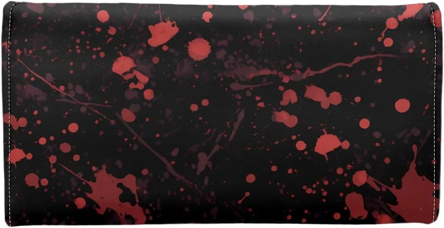 Bloody Splatter Slim Wallets for Women Black Leather Trifold Long Billfold Wallet, Halloween Night Blood Red Ladies Zipper Clutch Purse Money Organizer Credit Card Holder