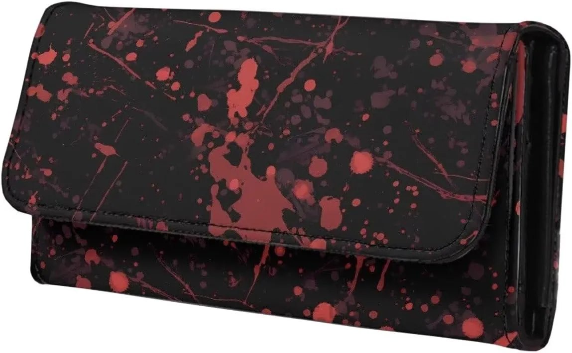 Bloody Splatter Slim Wallets for Women Black Leather Trifold Long Billfold Wallet, Halloween Night Blood Red Ladies Zipper Clutch Purse Money Organizer Credit Card Holder