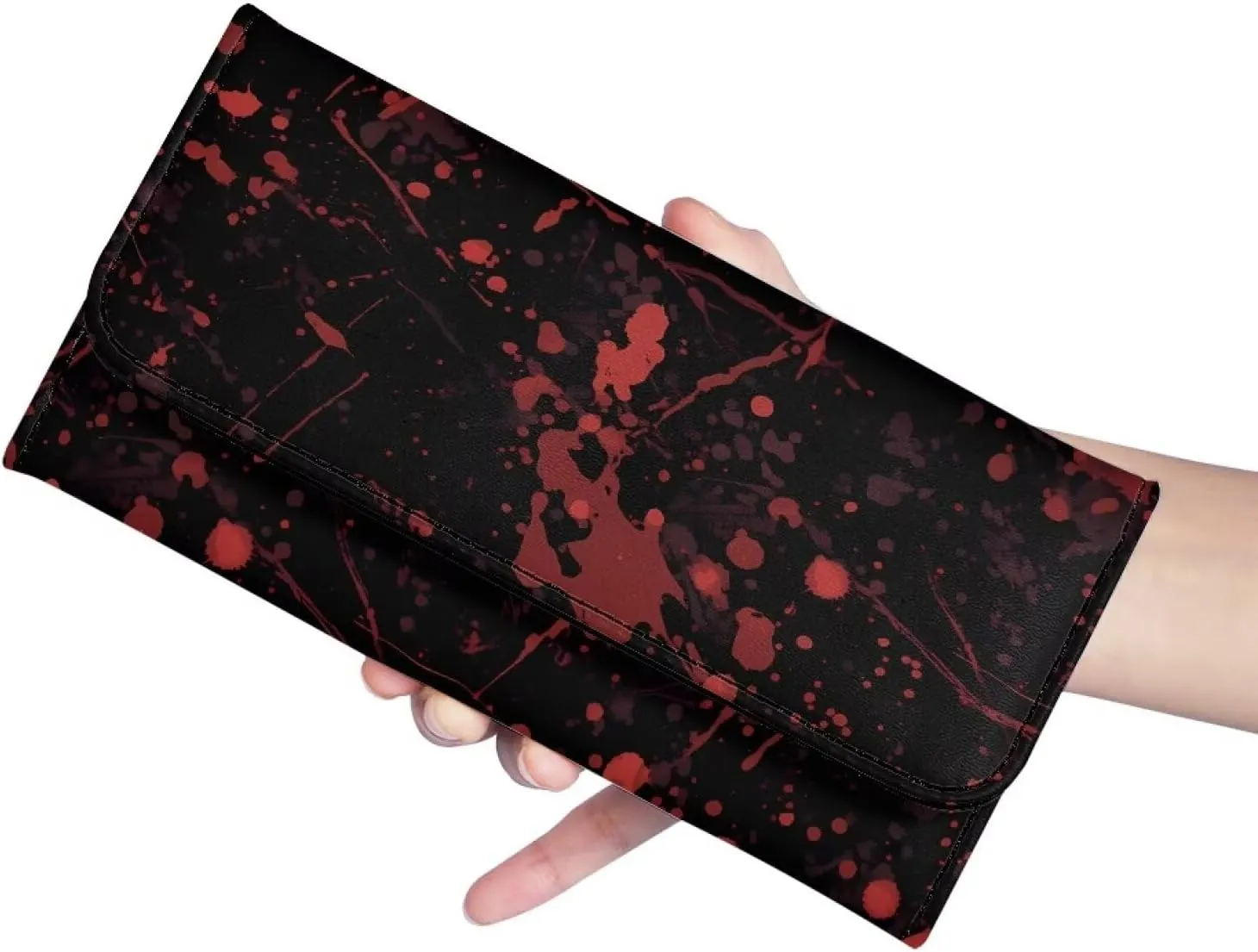Bloody Splatter Slim Wallets for Women Black Leather Trifold Long Billfold Wallet, Halloween Night Blood Red Ladies Zipper Clutch Purse Money Organizer Credit Card Holder