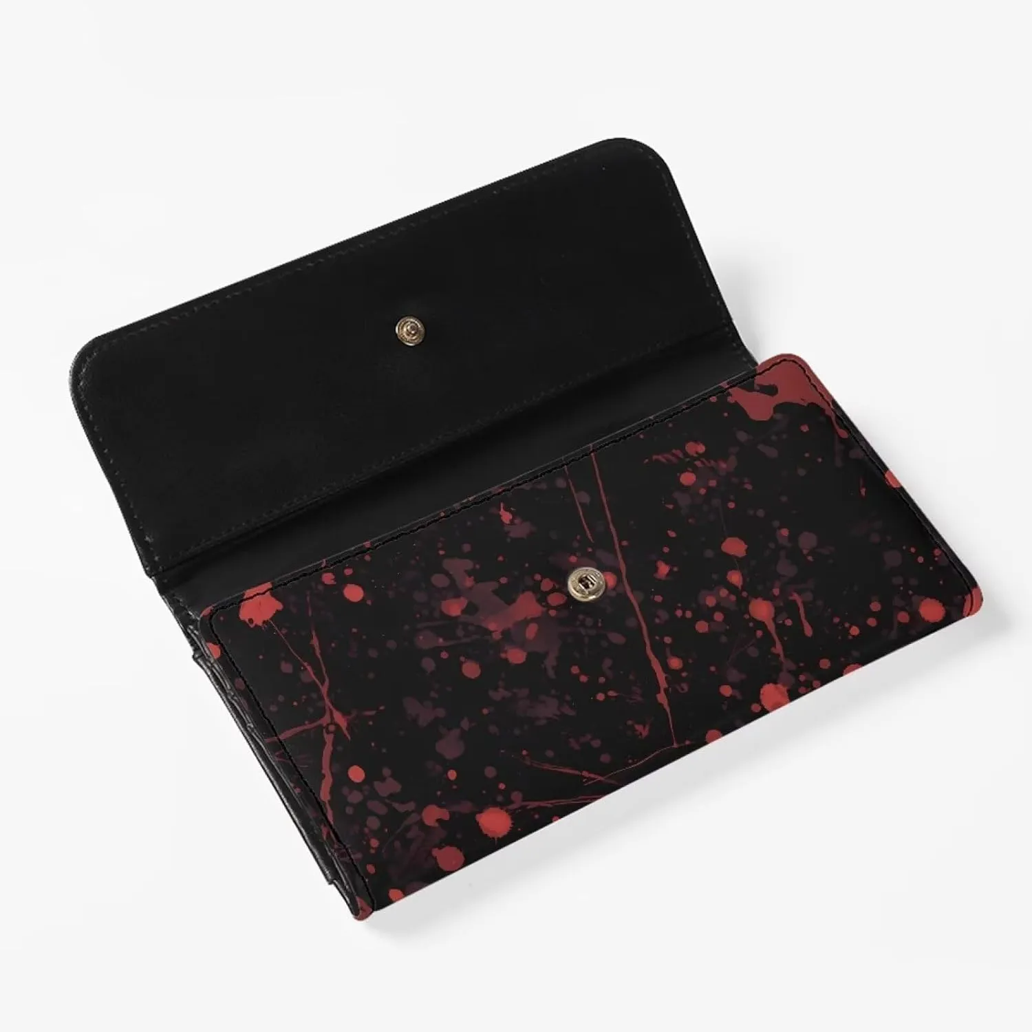 Bloody Splatter Slim Wallets for Women Black Leather Trifold Long Billfold Wallet, Halloween Night Blood Red Ladies Zipper Clutch Purse Money Organizer Credit Card Holder