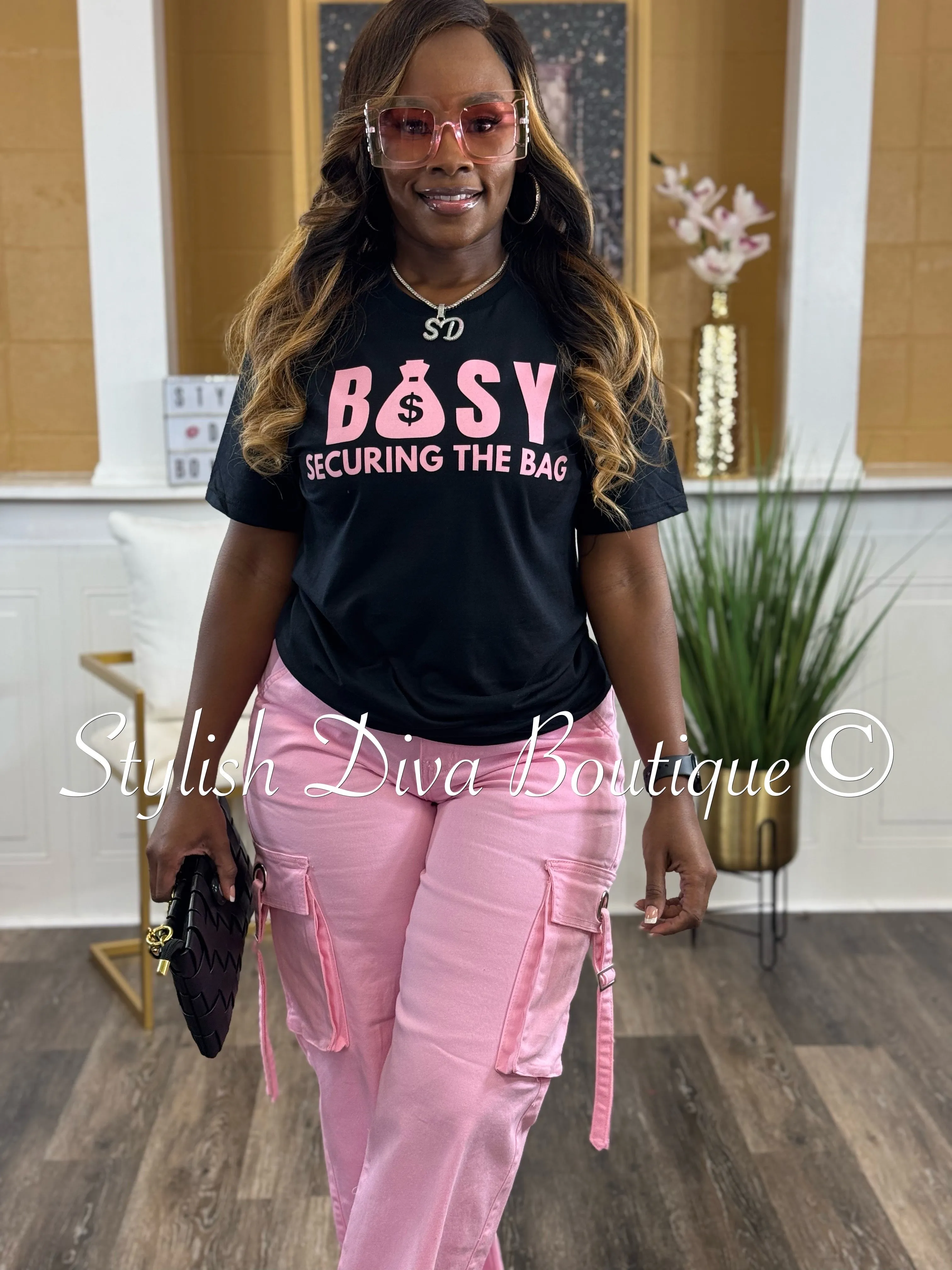 BUSY Securing The Bag T-Shirt (Pink Print)