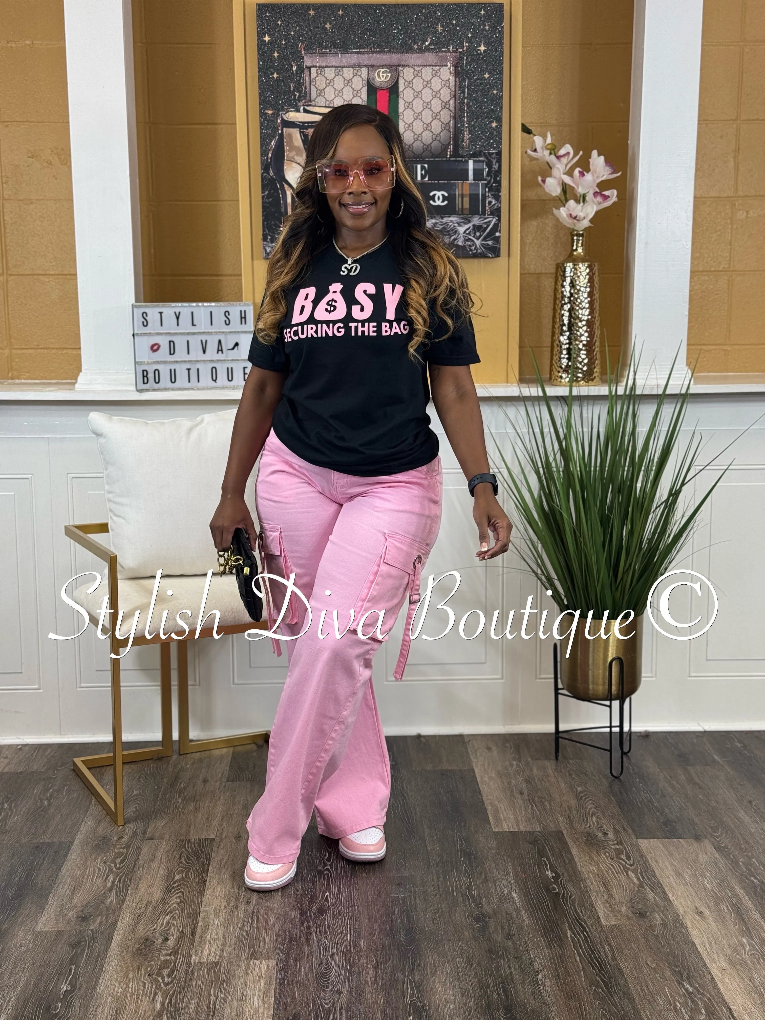 BUSY Securing The Bag T-Shirt (Pink Print)