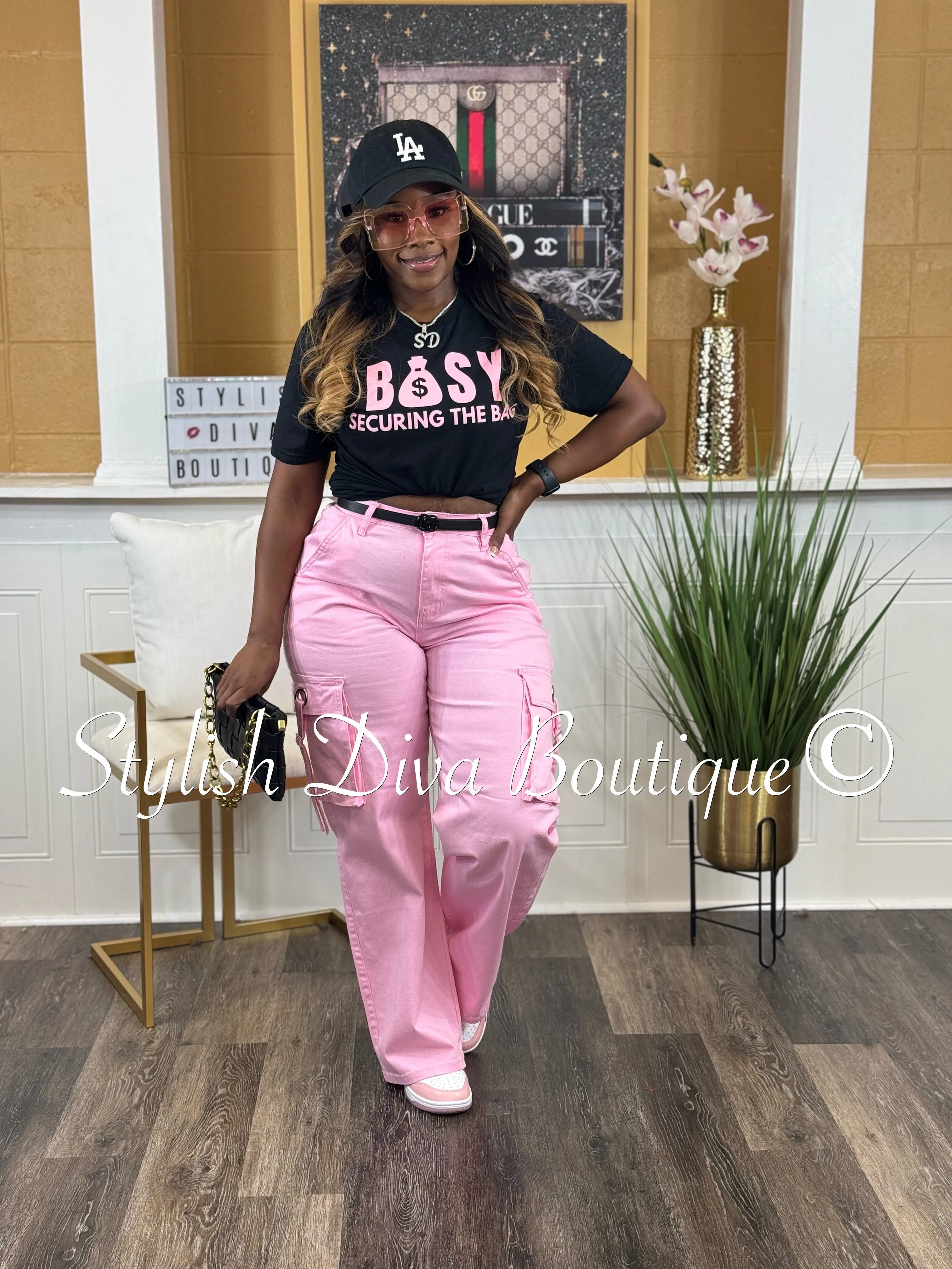 BUSY Securing The Bag T-Shirt (Pink Print)