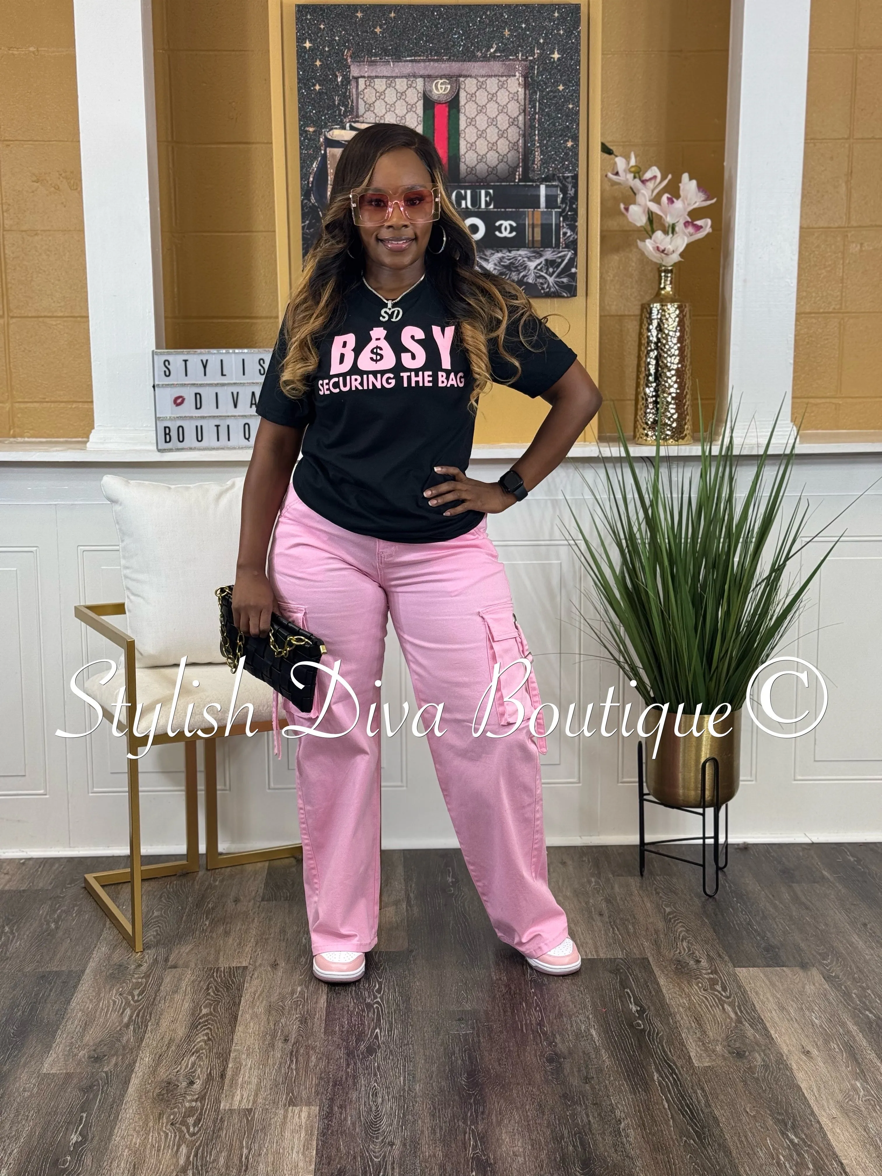 BUSY Securing The Bag T-Shirt (Pink Print)
