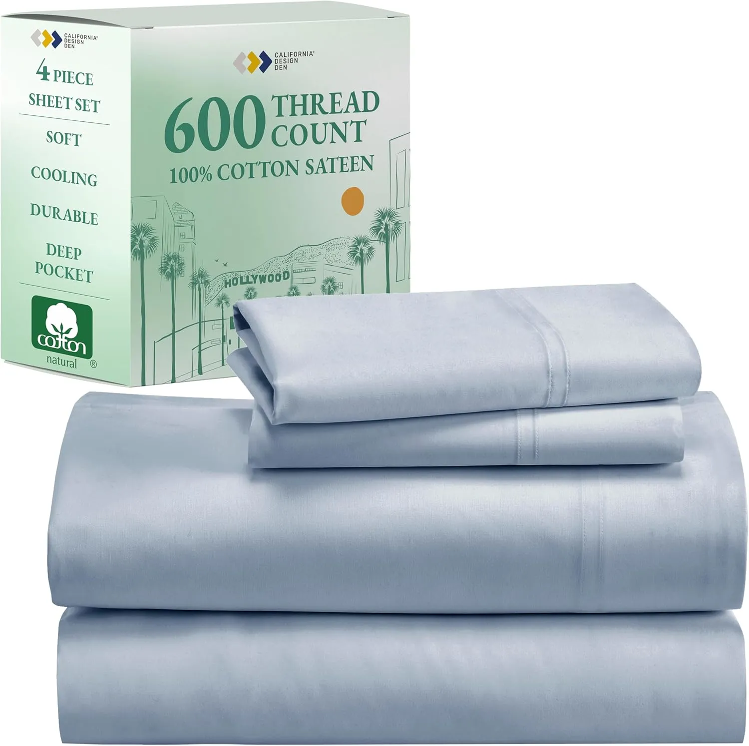 California Design Den Luxury Queen Size Sheet Set - 100% Cotton, 600 Thread Count Deep Pocket Queen Sheets, Hotel-Quality Bedding with Sateen Weave - Blue
