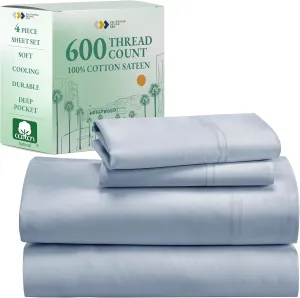 California Design Den Luxury Queen Size Sheet Set - 100% Cotton, 600 Thread Count Deep Pocket Queen Sheets, Hotel-Quality Bedding with Sateen Weave - Blue