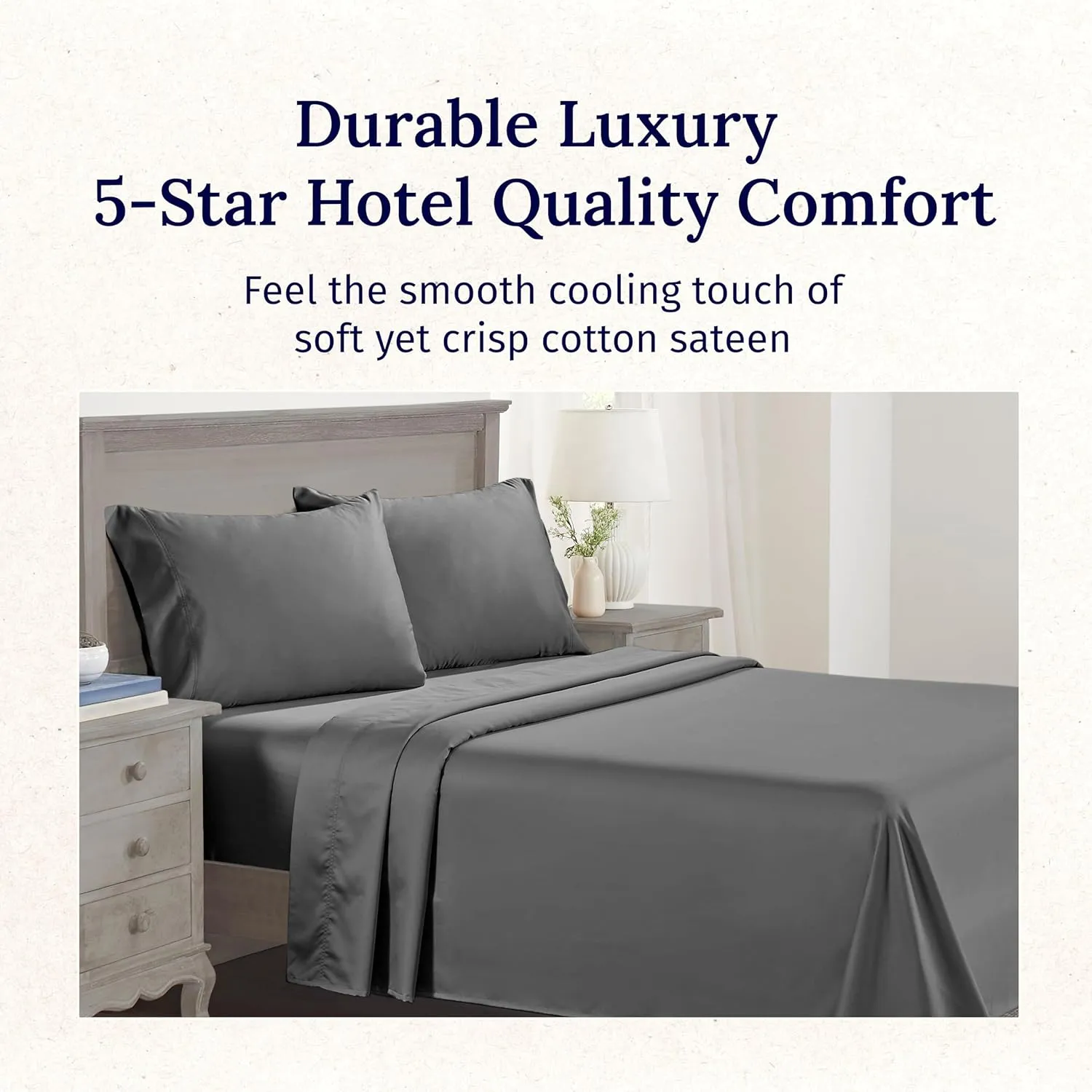 California Design Den Luxury Queen Size Sheet Set - 100% Cotton, 600 Thread Count Deep Pocket Queen Sheets, Hotel-Quality Bedding with Sateen Weave - Grey