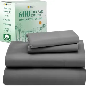 California Design Den Luxury Queen Size Sheet Set - 100% Cotton, 600 Thread Count Deep Pocket Queen Sheets, Hotel-Quality Bedding with Sateen Weave - Grey