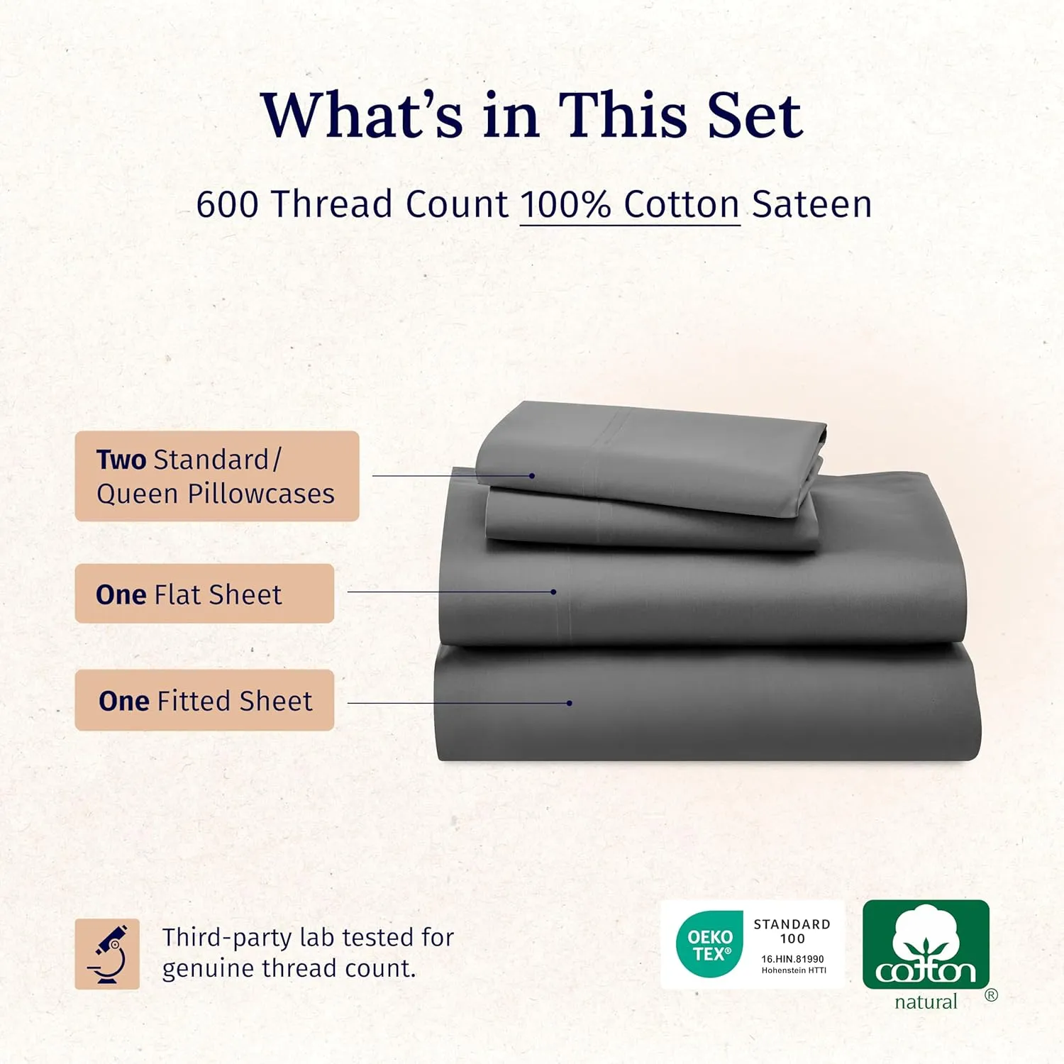 California Design Den Luxury Queen Size Sheet Set - 100% Cotton, 600 Thread Count Deep Pocket Queen Sheets, Hotel-Quality Bedding with Sateen Weave - Grey