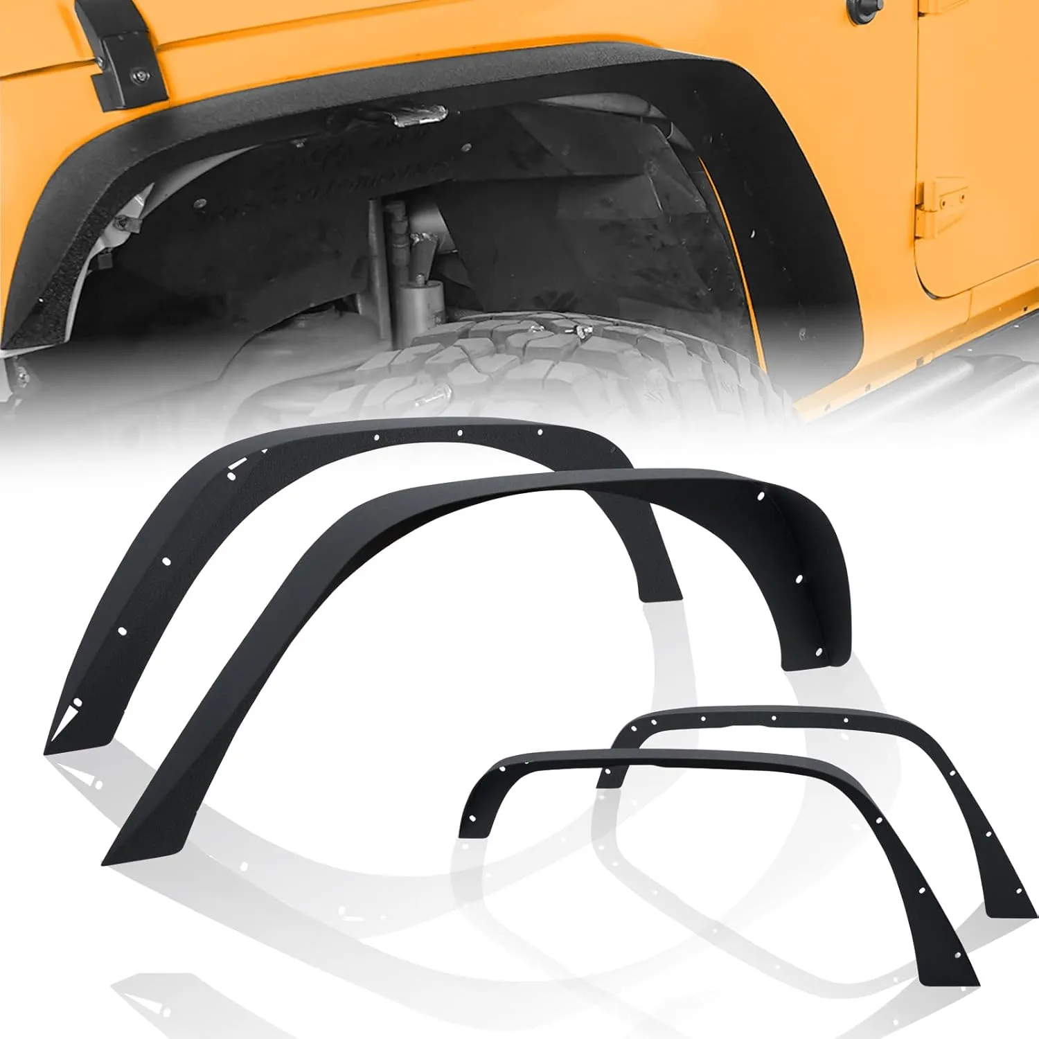 CALLIERT Flat Front & Rear Fender Flares Mud Guards Kit Compatible with 2007-2018 Jeep Wrangler JK JKU Unlimited (2/4 Doors) 4 PCS Off-Road Steel Wheel Fenders Combo