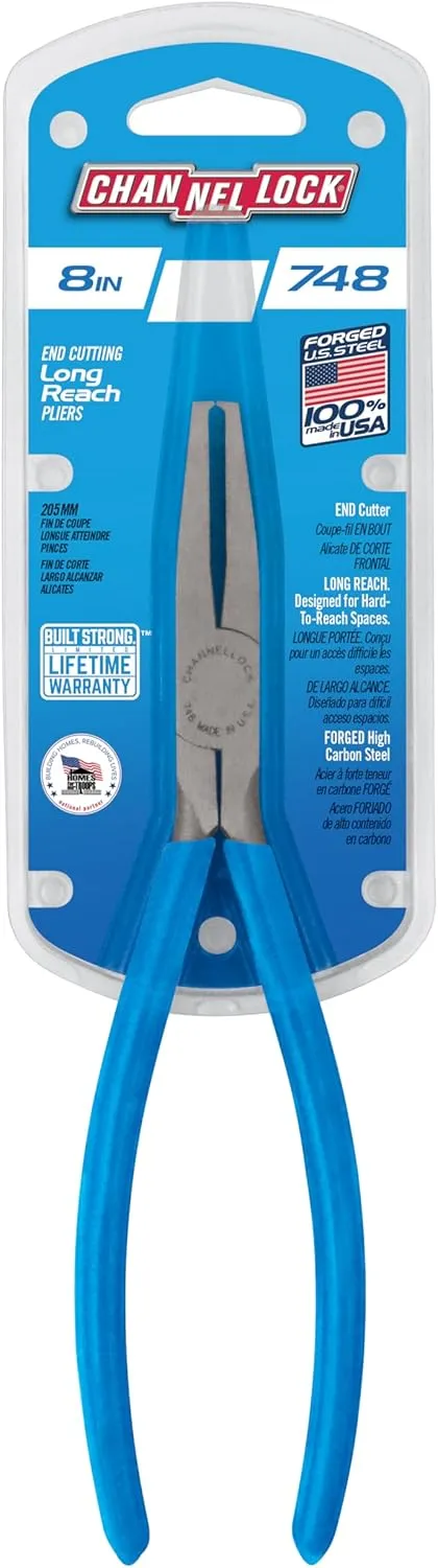 Channellock 748 8-Inch Long Reach End Cutting Pliers | Nipper End Cutter with Extra Long Flat Nose | Designed for Hard to Reach Places | Forged from High Carbon Steel | Made in the USA , Blue