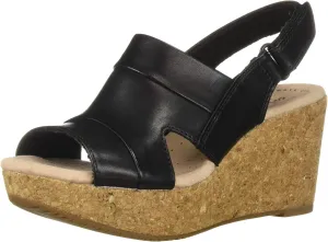 Clarks Women's Casual Wedge Sandal, Black Leather, 12 Wide