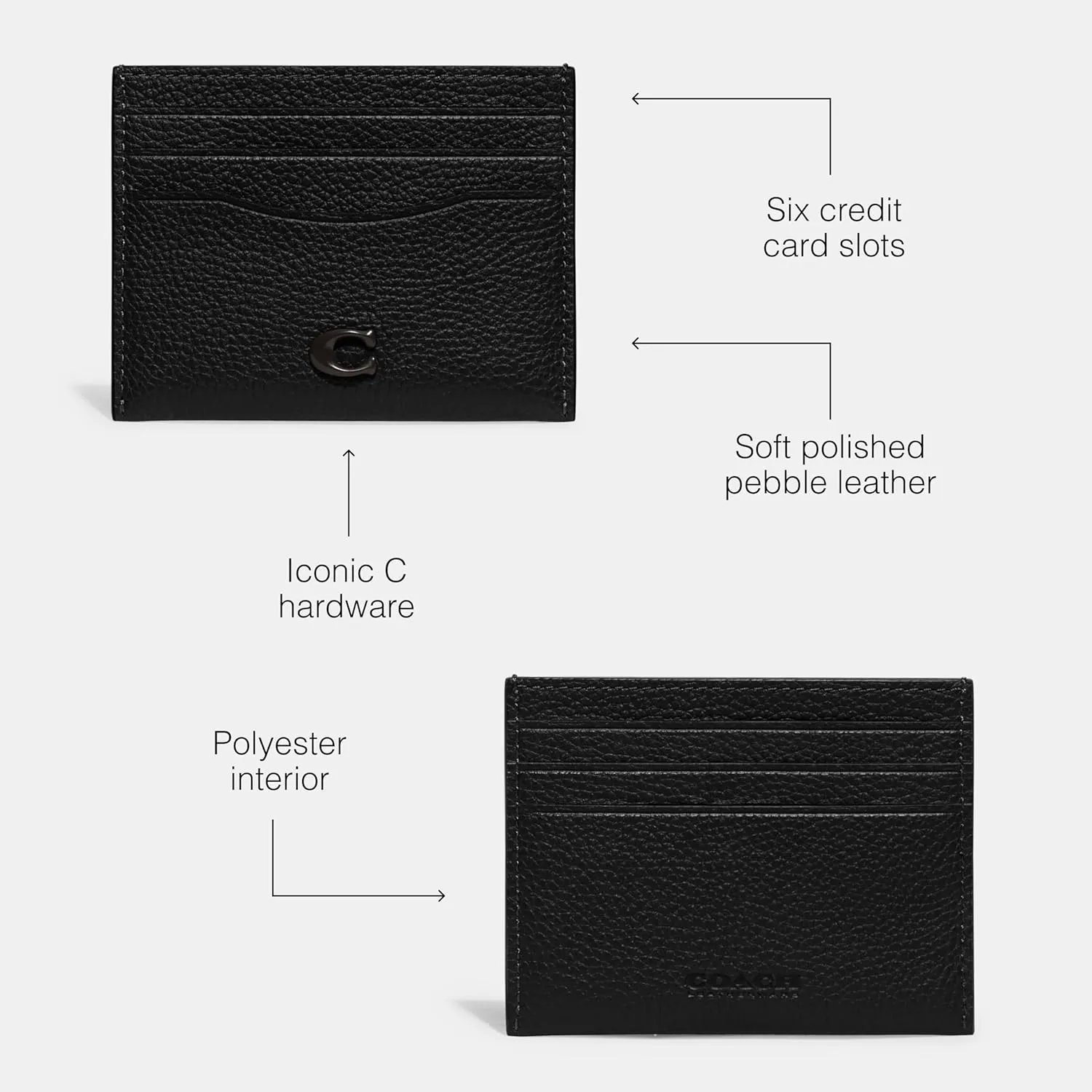 Coach Women's Flat Card Case in Pebble Leather with Sculpted C Hardware Branding Credit Holders