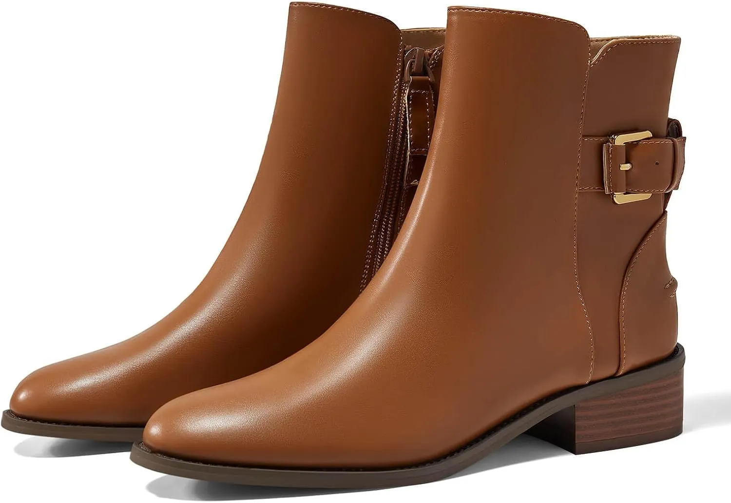 Coutgo Womens Flat Ankle Boots Low Heel Booties Chunky Stacked Pointed Toe Buckle Fall Western Dress Shoes