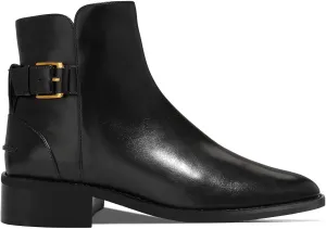 Coutgo Womens Flat Ankle Boots Low Heel Booties Chunky Stacked Pointed Toe Buckle Fall Western Dress Shoes