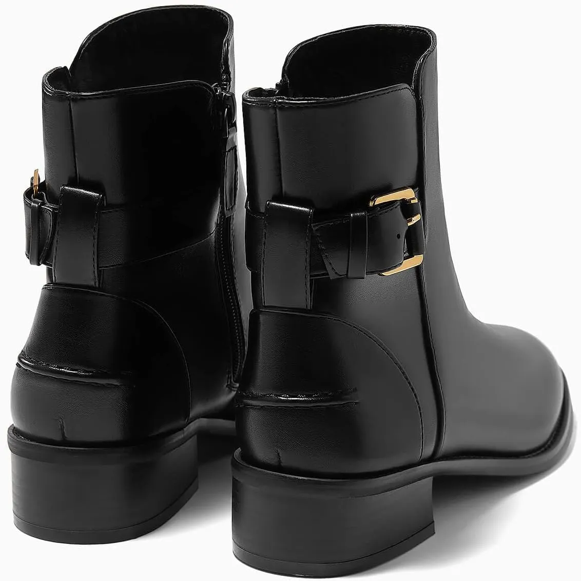Coutgo Womens Flat Ankle Boots Low Heel Booties Chunky Stacked Pointed Toe Buckle Fall Western Dress Shoes
