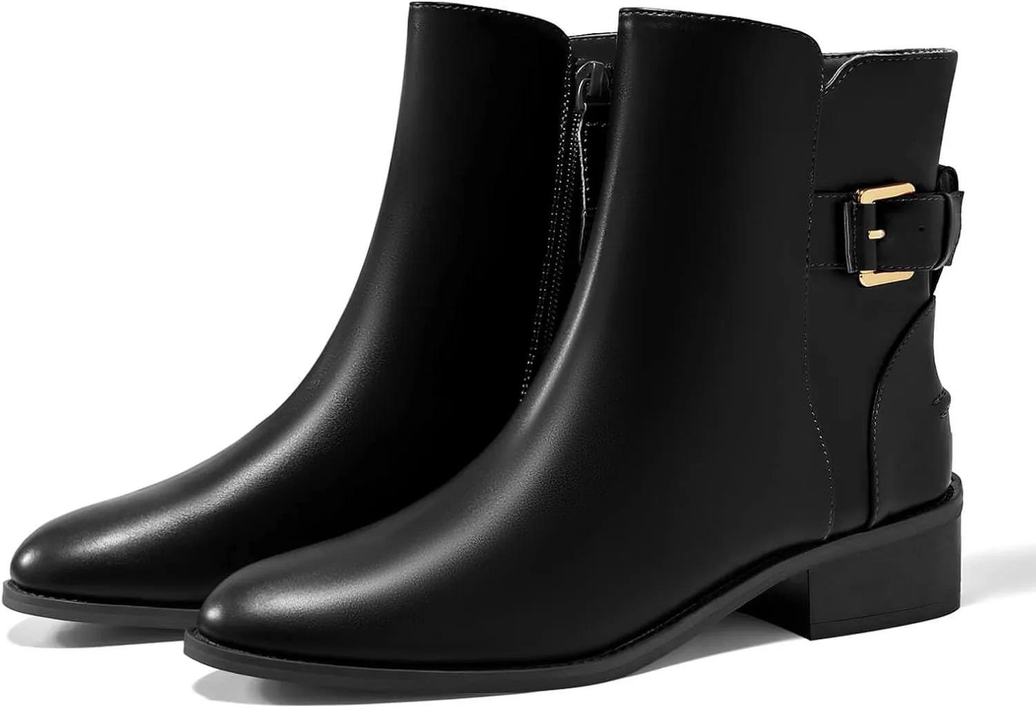 Coutgo Womens Flat Ankle Boots Low Heel Booties Chunky Stacked Pointed Toe Buckle Fall Western Dress Shoes