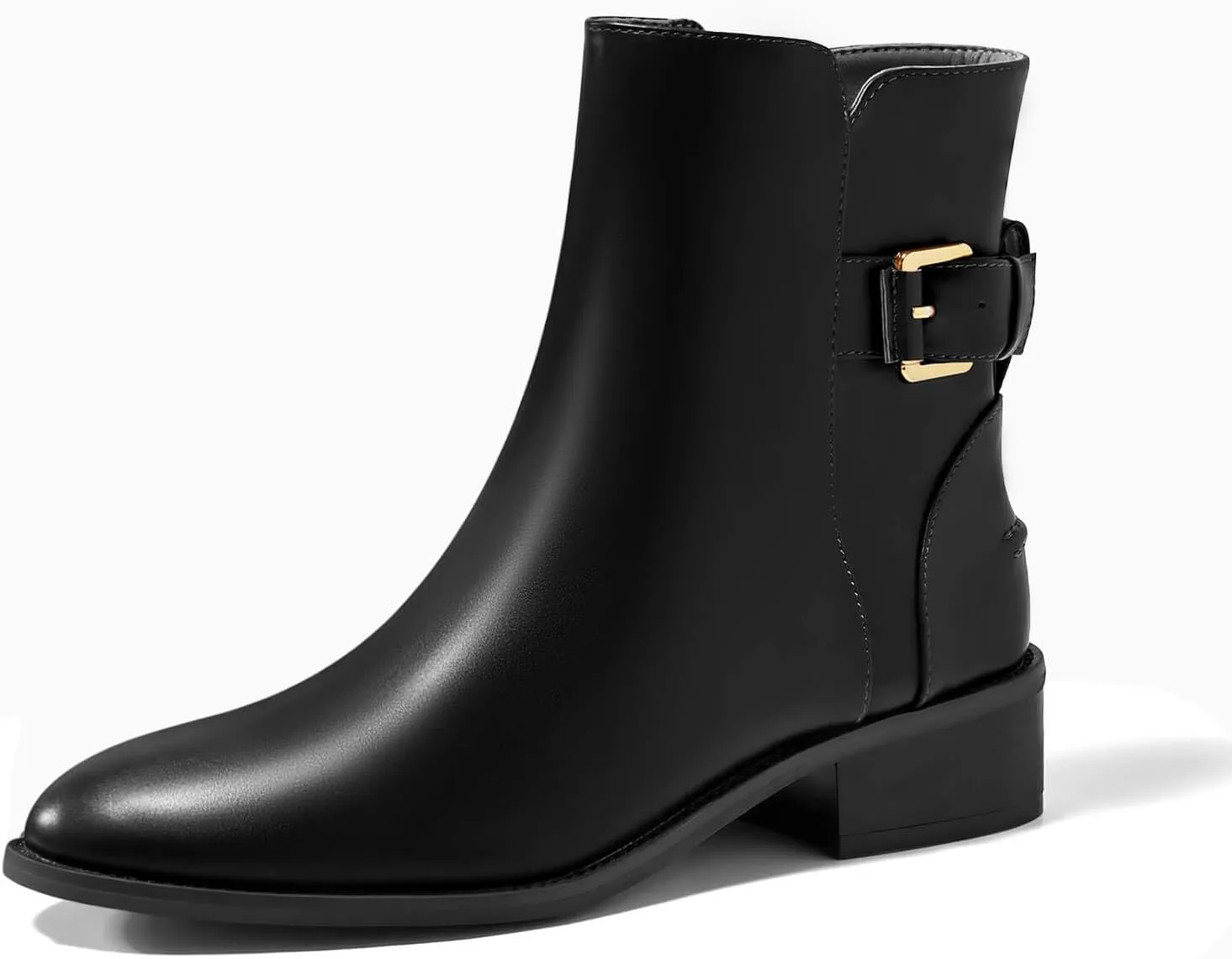 Coutgo Womens Flat Ankle Boots Low Heel Booties Chunky Stacked Pointed Toe Buckle Fall Western Dress Shoes