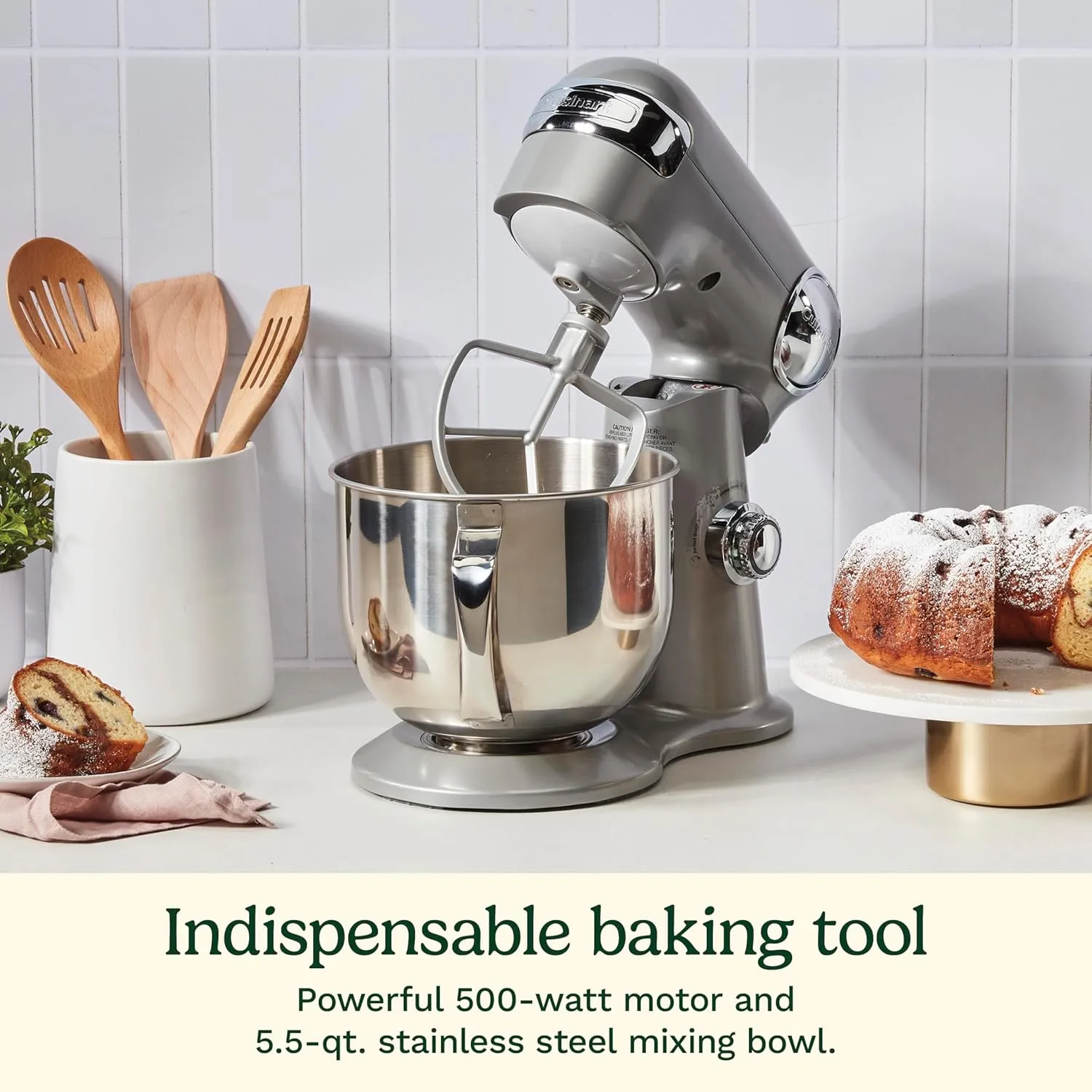 Cuisinart Stand Mixer, 12 Speeds, 5.5-Quart Mixing Bowl, Chef's Whisk, Flat Mixing Paddle, Dough Hook, and Splash Guard with Pour Spout, Silver Lining, SM-50BC, Silver Lining
