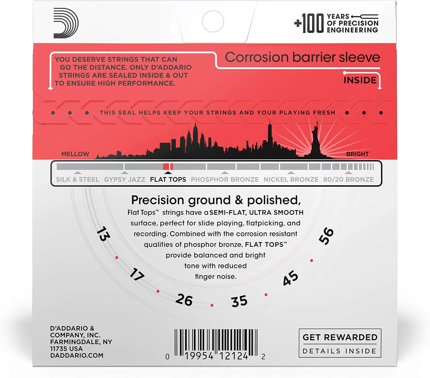D'Addario Guitar Strings - Acoustic Guitar Strings - Flat Tops Phosphor Bronze - For 6 String Guitar - Warm, Semi-Bright Tone - EFT17 - Medium, 13-56