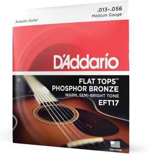 D'Addario Guitar Strings - Acoustic Guitar Strings - Flat Tops Phosphor Bronze - For 6 String Guitar - Warm, Semi-Bright Tone - EFT17 - Medium, 13-56
