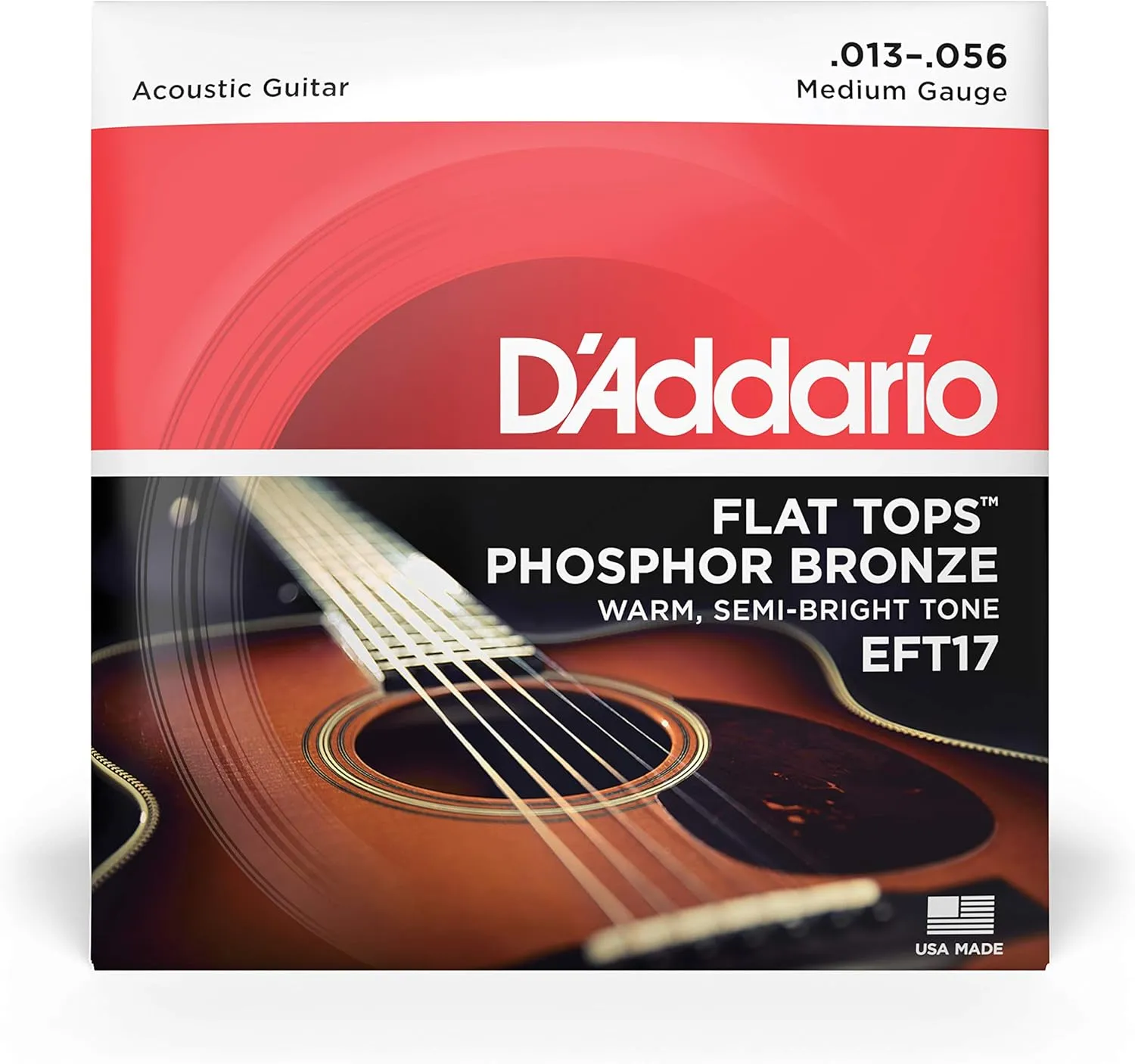 D'Addario Guitar Strings - Acoustic Guitar Strings - Flat Tops Phosphor Bronze - For 6 String Guitar - Warm, Semi-Bright Tone - EFT17 - Medium, 13-56