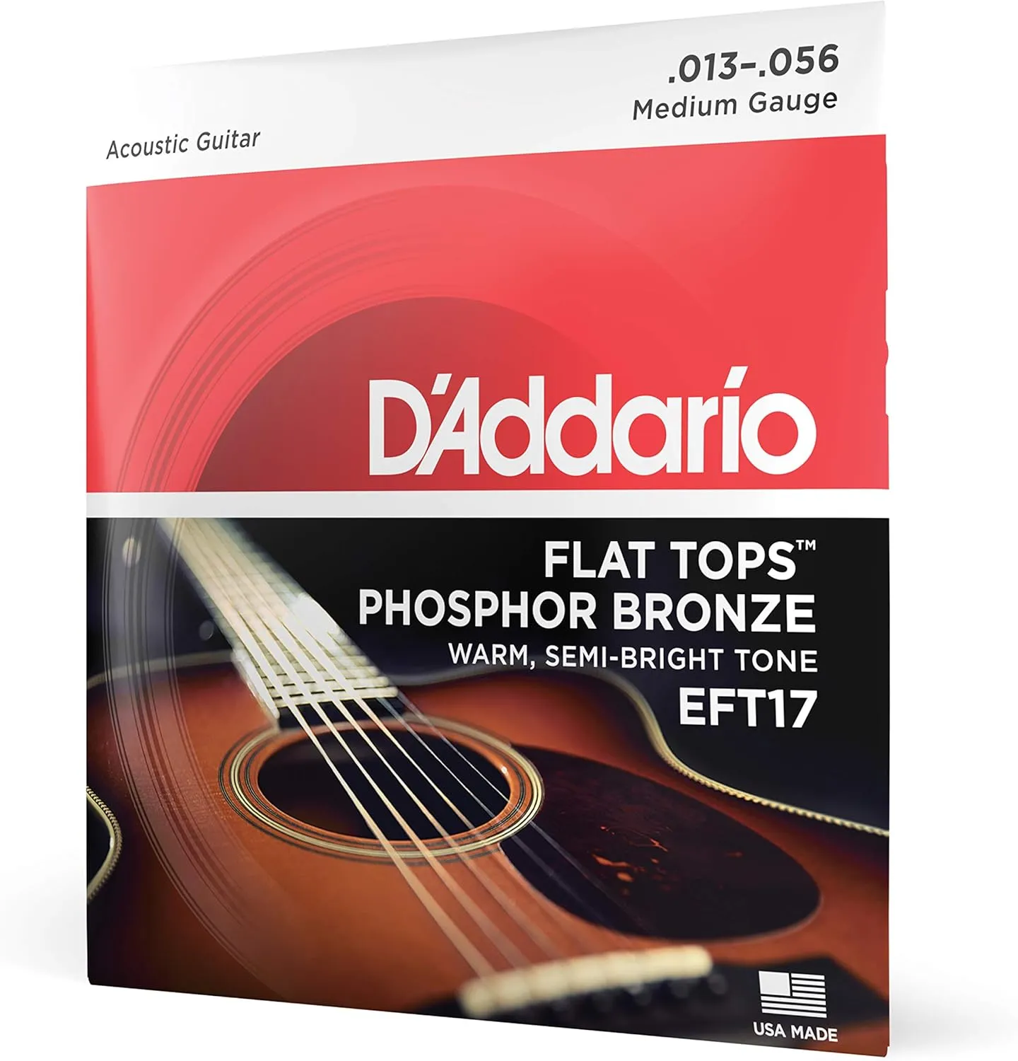 D'Addario Guitar Strings - Acoustic Guitar Strings - Flat Tops Phosphor Bronze - For 6 String Guitar - Warm, Semi-Bright Tone - EFT17 - Medium, 13-56