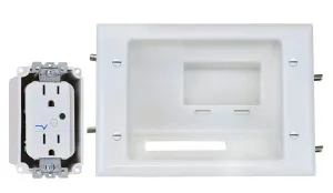 DATA COMM Electronics 45-0081-WH Recessed AV/HDMI Cable Pass Through Mid Size Wall Plate, Duplex Surge Receptacle, In-Wall Power, Low Voltage Cable Management for Home, 7” L x 3.68” W x 5” H, White