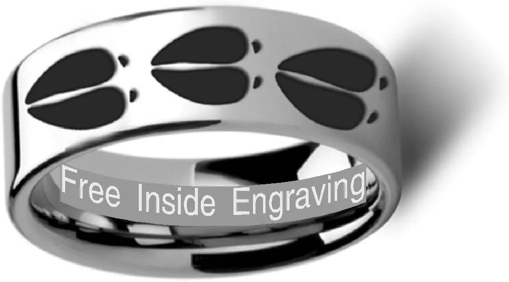 DEER TRACK Animal Tracks Deer Buck Hoof Print Ring Inside Engraved Flat Polished Tungsten Ring 6mm Wide Wedding Band with Custom Inside Engraved Personalized