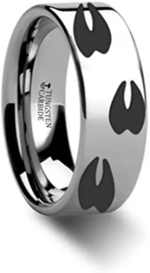 DEER TRACK Animal Tracks Deer Hoof Print Ring Inside Engraved Flat Polished Tungsten Ring 10mm Wide Wedding Band with Custom Inside Engraved Personalized