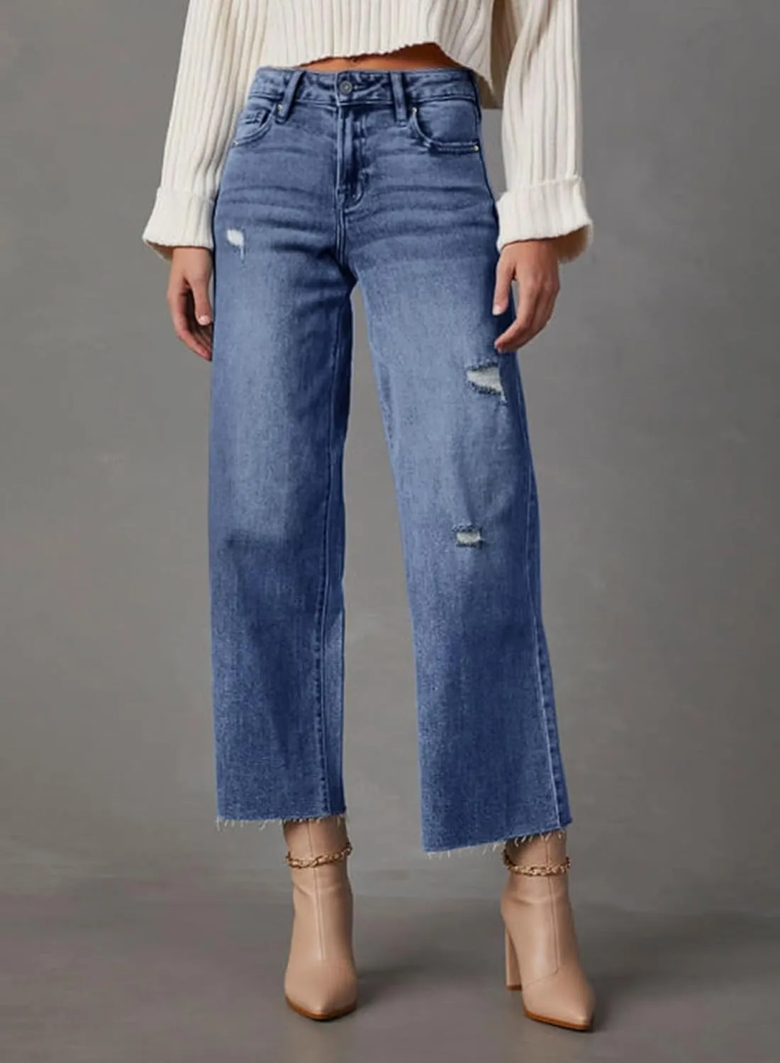 Dokotoo Womens High Waist Baggy Jeans Wide Leg Casual Petite 2025 8 Points Length Stretch Denim Pants