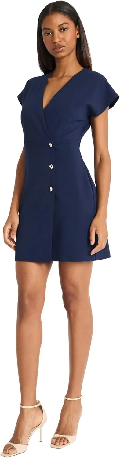 Donna Morgan Women's Elegant Wrap-Style Mini Dress-V-Neck Short Sleeve Button Front Tailored Silhouette for Special Occasions