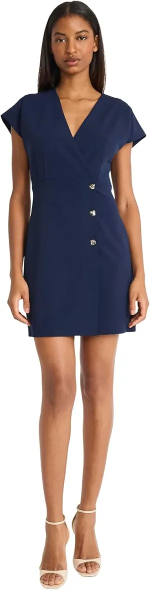 Donna Morgan Women's Elegant Wrap-Style Mini Dress-V-Neck Short Sleeve Button Front Tailored Silhouette for Special Occasions