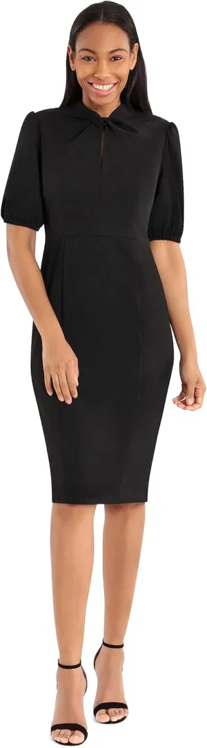 Donna Morgan Women's Short Puff Sleeve Twist Neck Sheath Dress with Keyhole