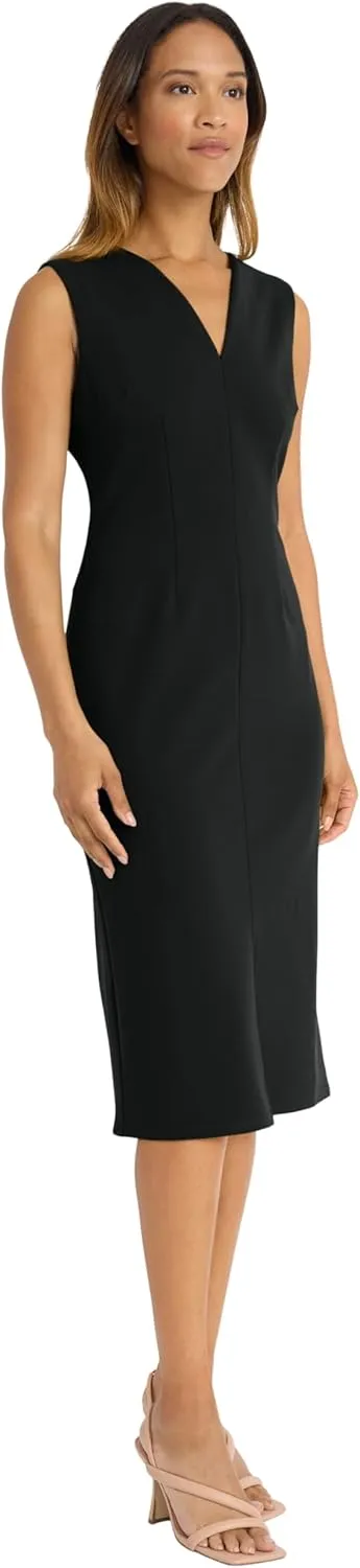 Donna Morgan Women's Sleeveless V-Neck Midi Sheath Dress with Front Slit