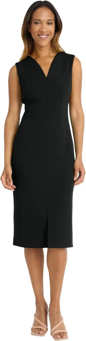 Donna Morgan Women's Sleeveless V-Neck Midi Sheath Dress with Front Slit
