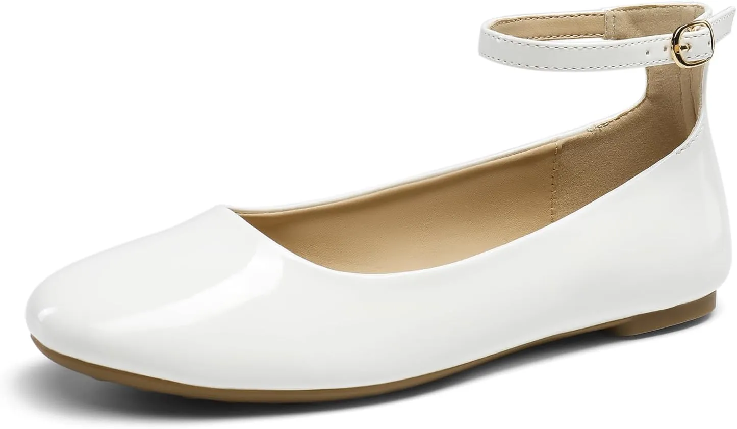 DREAM PAIRS Women's Dressy Ballet Flats Shoes Round Toe Comfortable Ankle Strap Patent Ballerina Flats Shoes
