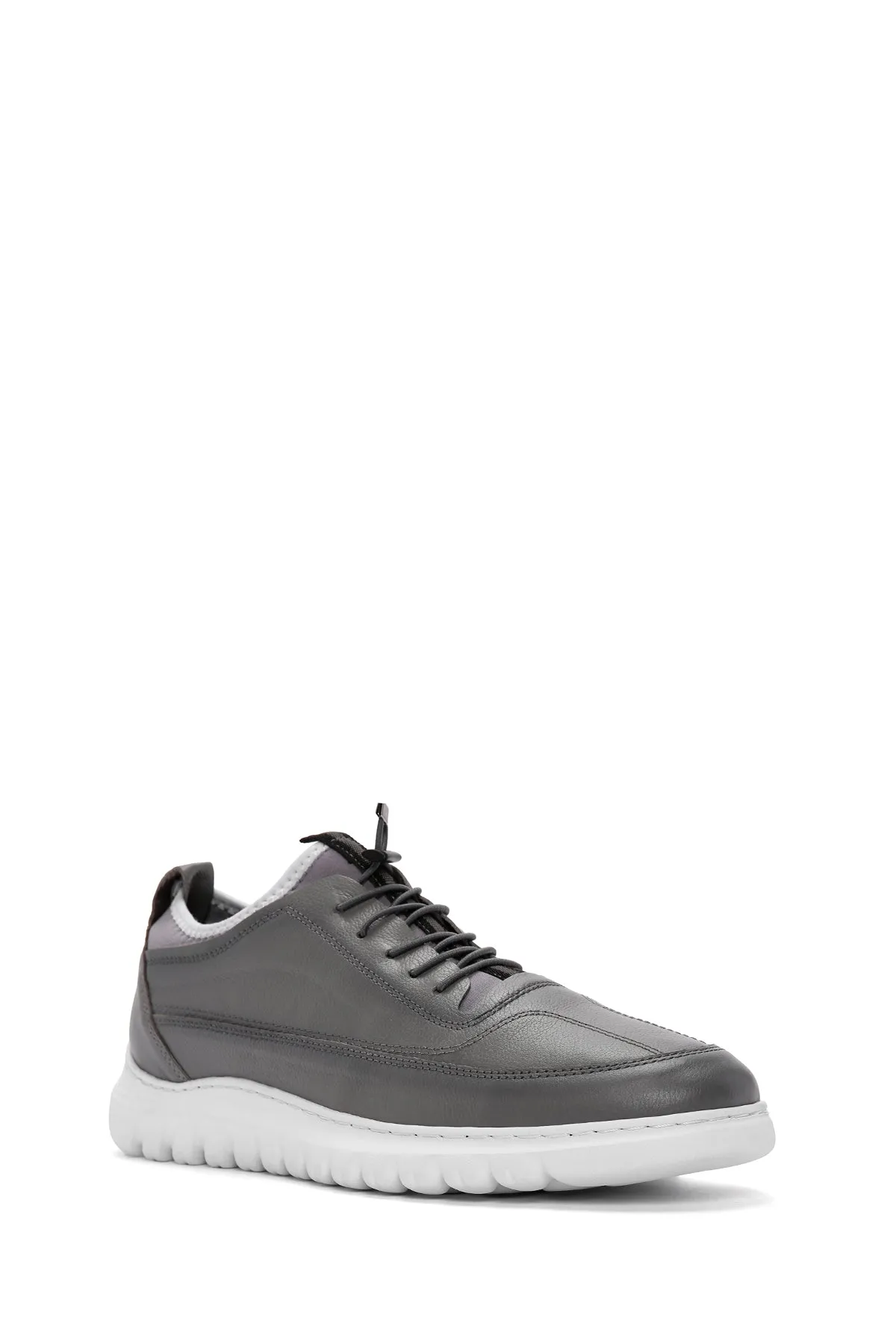 Erkek Gri Bağcıklı Deri Casual Sneaker